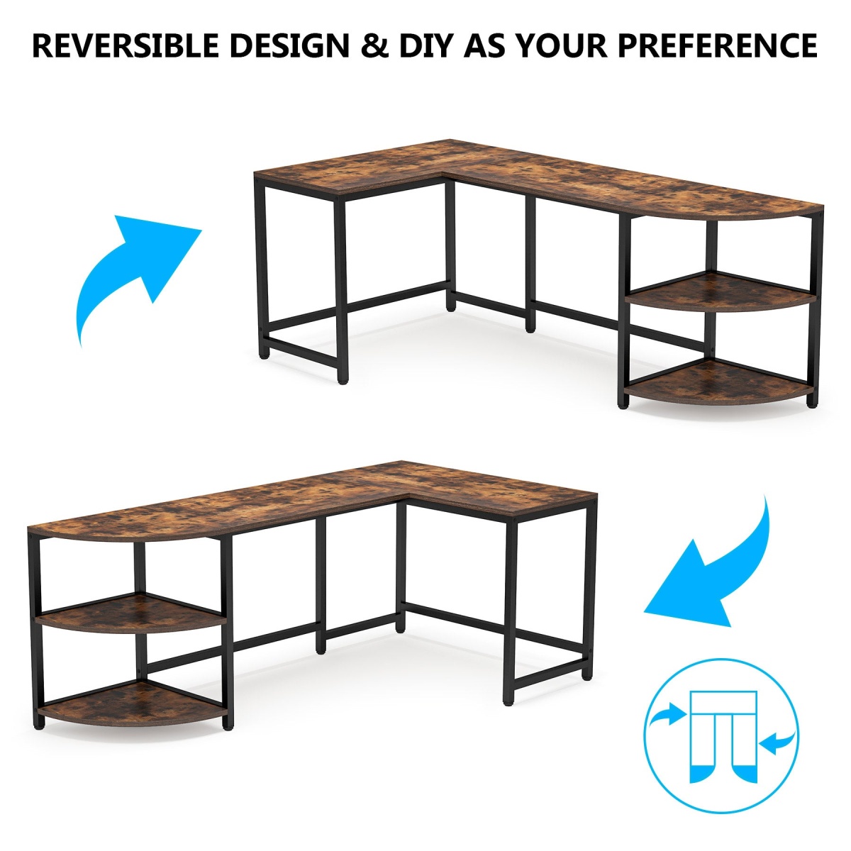 L-Shaped Desk, 75 inch Corner Computer Desk with Reversible Shelves - Image 5