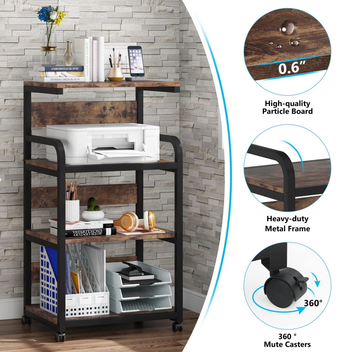 Printer Stand, Rolling Printer Table with 3 Storage Shelves - Image 6