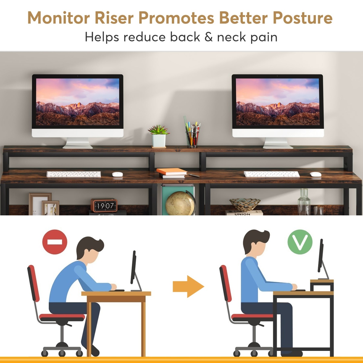 Two Person Desk, 78.7? Double Computer Desk with Monitor Riser & Shelves - Image 6