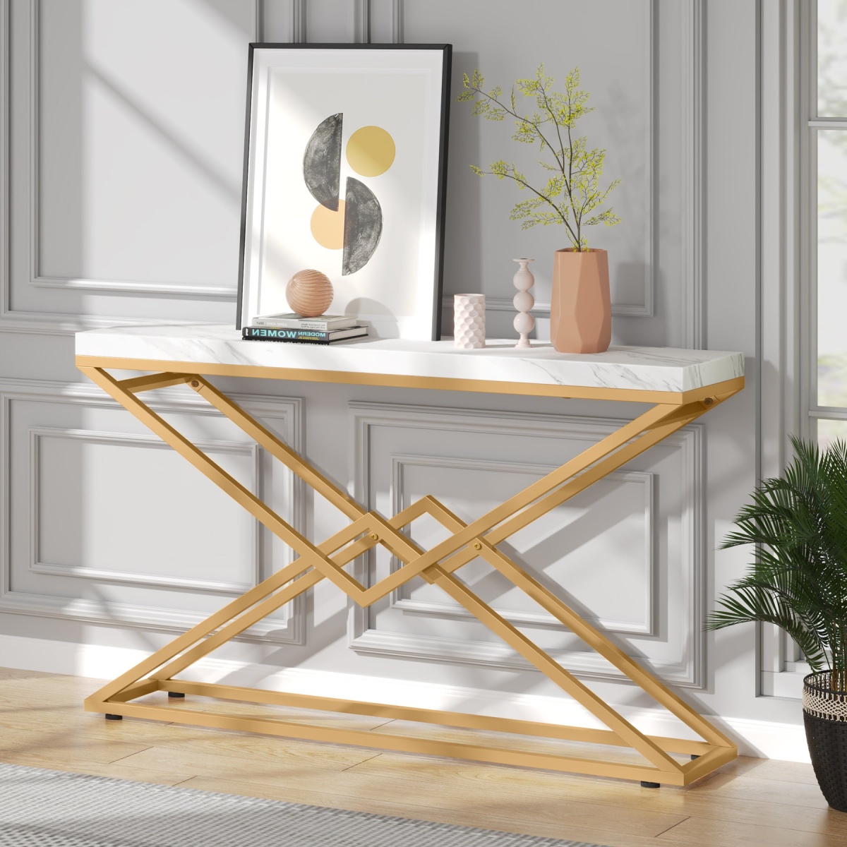 Console Table, 42? White Faux Marble Sofa Table Behind Couch - Image 6