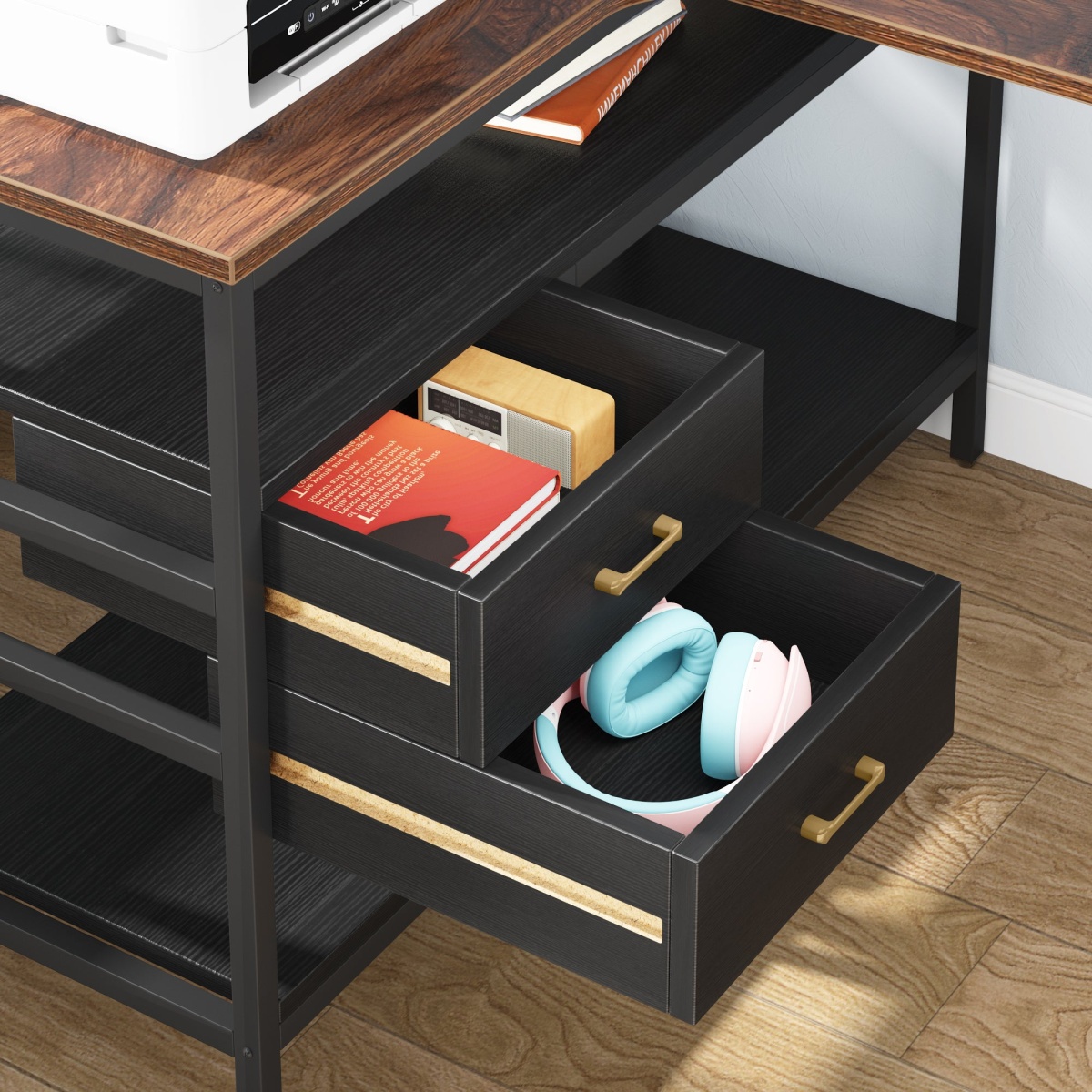 L-Shaped Desk, 59? Computer Desk with 2 Drawers & Storage Shelves - Image 6