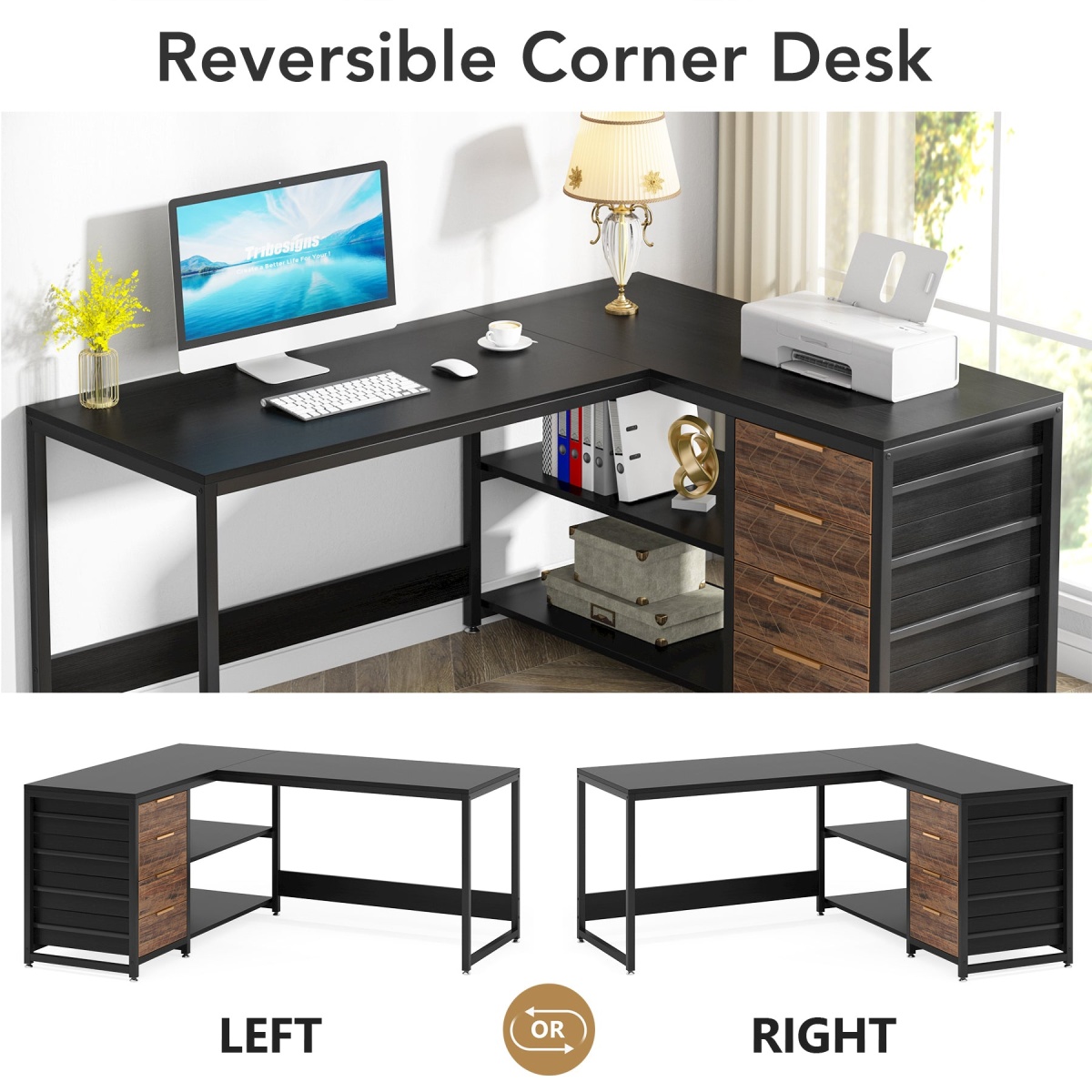 L-Shaped Desk, 59? Reversible Corner Desk with Drawers & Shelves - Image 7