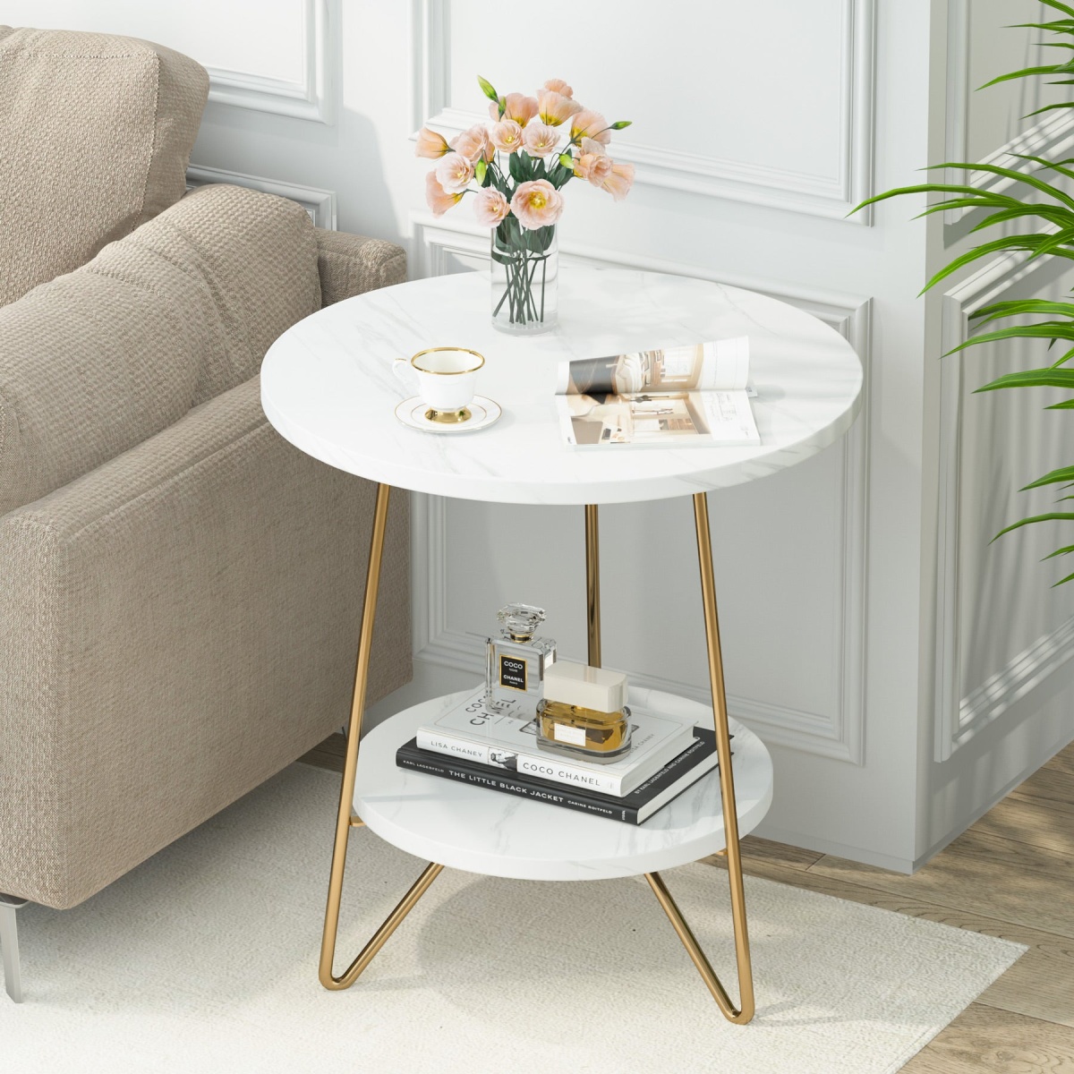 End Table, 2 Tier Round Sofa Bedside Table with Shelves - Image 4