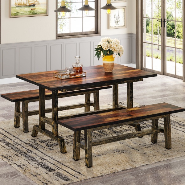 Dining Table Set, 3-Piece 47? Kitchen Table with 2 Benches