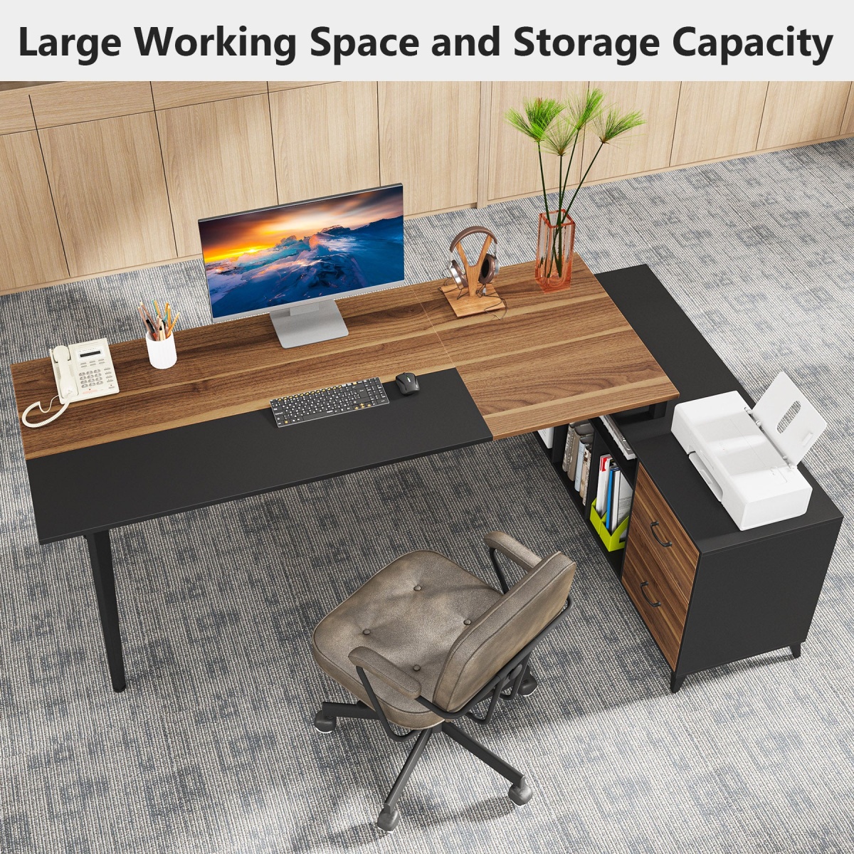 L-Shaped Desk, 70.9?? Office Executive Desk with File Cabinet - Image 6