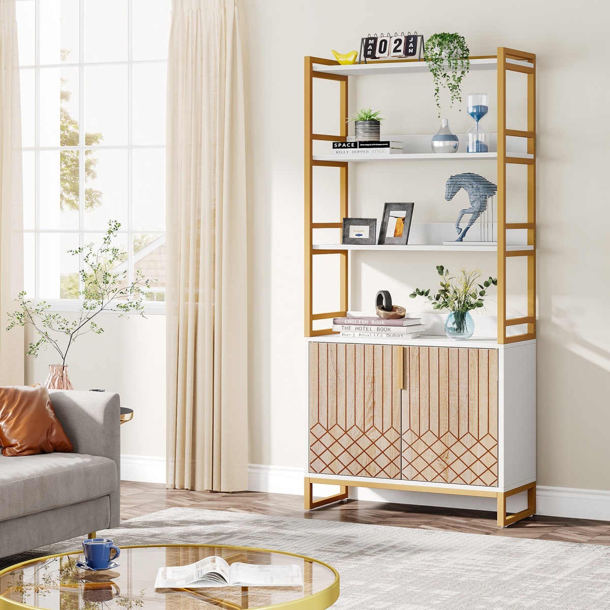 Bookshelf, 70.8? Etagere Bookcase with Open Shelves & Cabinet - Image 5