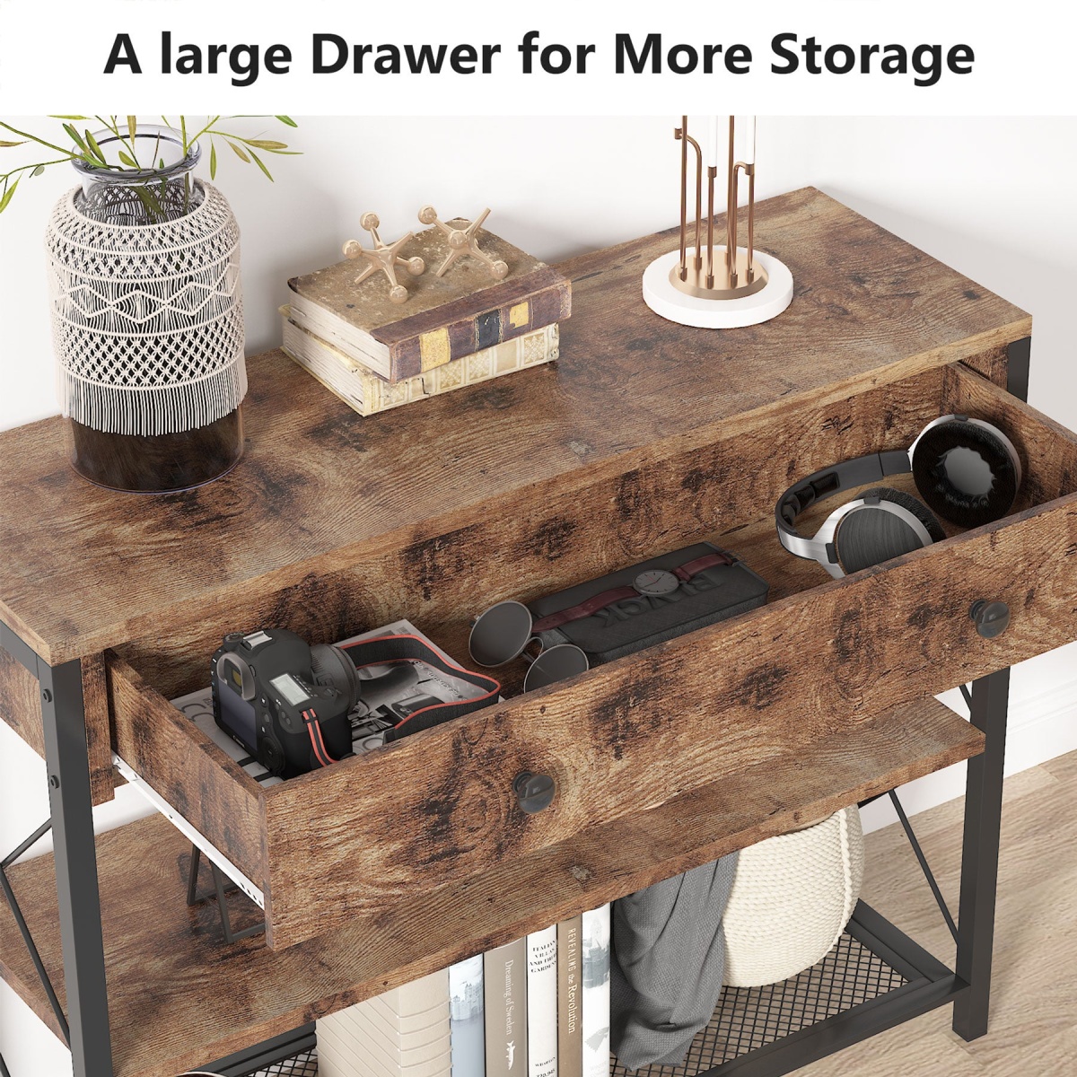 Console Table, Rustic Sofa Side Table With Drawer & 2-Tier Storage Shelves - Image 6