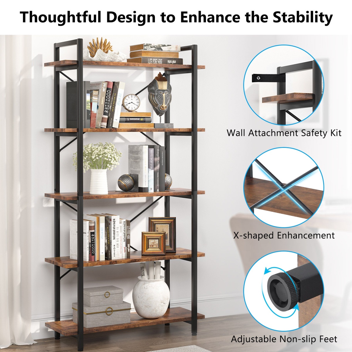 Bookshelf, 5 Tier Bookcase Display Shelf Unit - Image 7