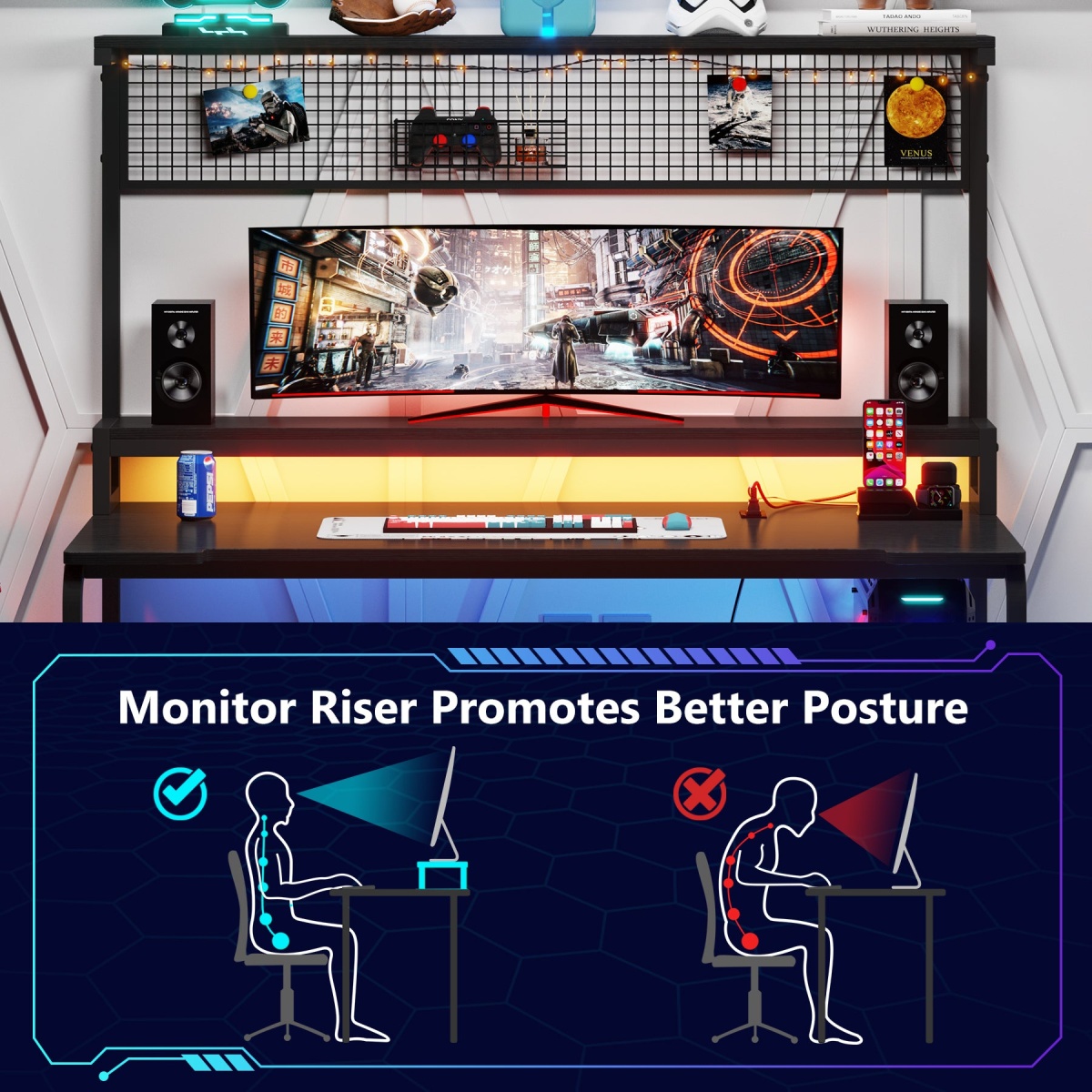 Gaming Desk with 2-Outlet & 2 USB Ports, Computer Desk with Monitor Stand - Image 5