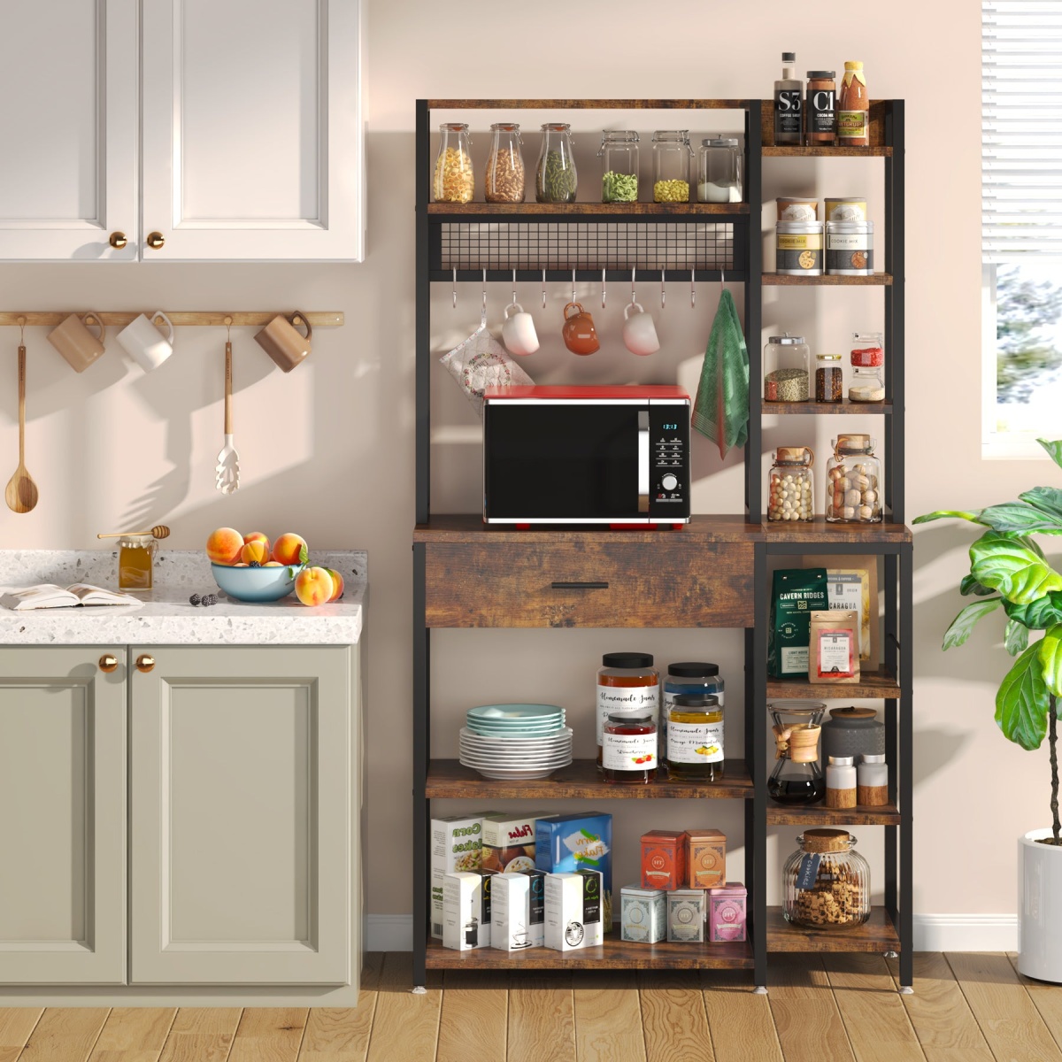 Kitchen Baker?s Rack, 70.9? Kitchen Storage Shelf with Drawer & Hutch - Image 5
