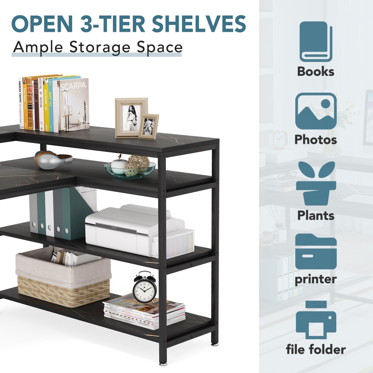 L-Shaped Desk, 53? Reversible Corner Desk with Shelves and Monitor Stand - Image 5