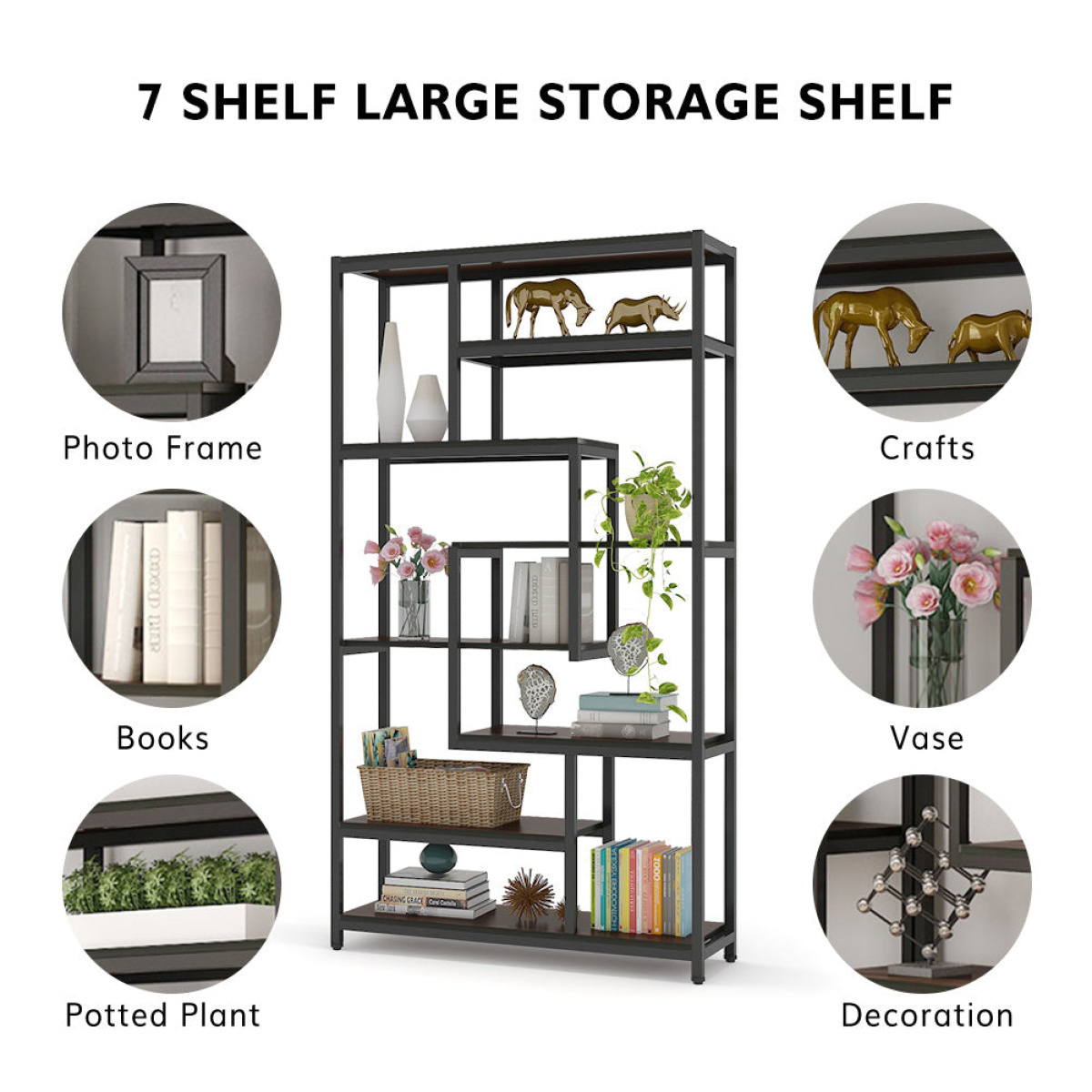 8-Shelves Staggered Bookshelf, Industrial Etagere Bookcase - Image 7