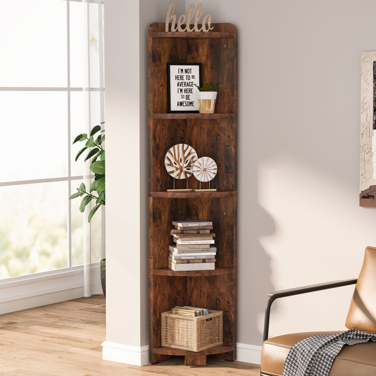 Corner Shelf, 5 Tier Wood Wall Corner Bookshelf Storage Rack - Image 10