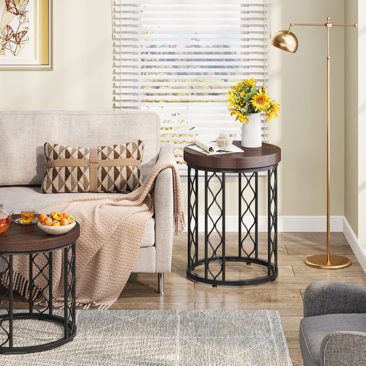 End Table, Round Side Table Nightstand with Metal Frame - Image 5