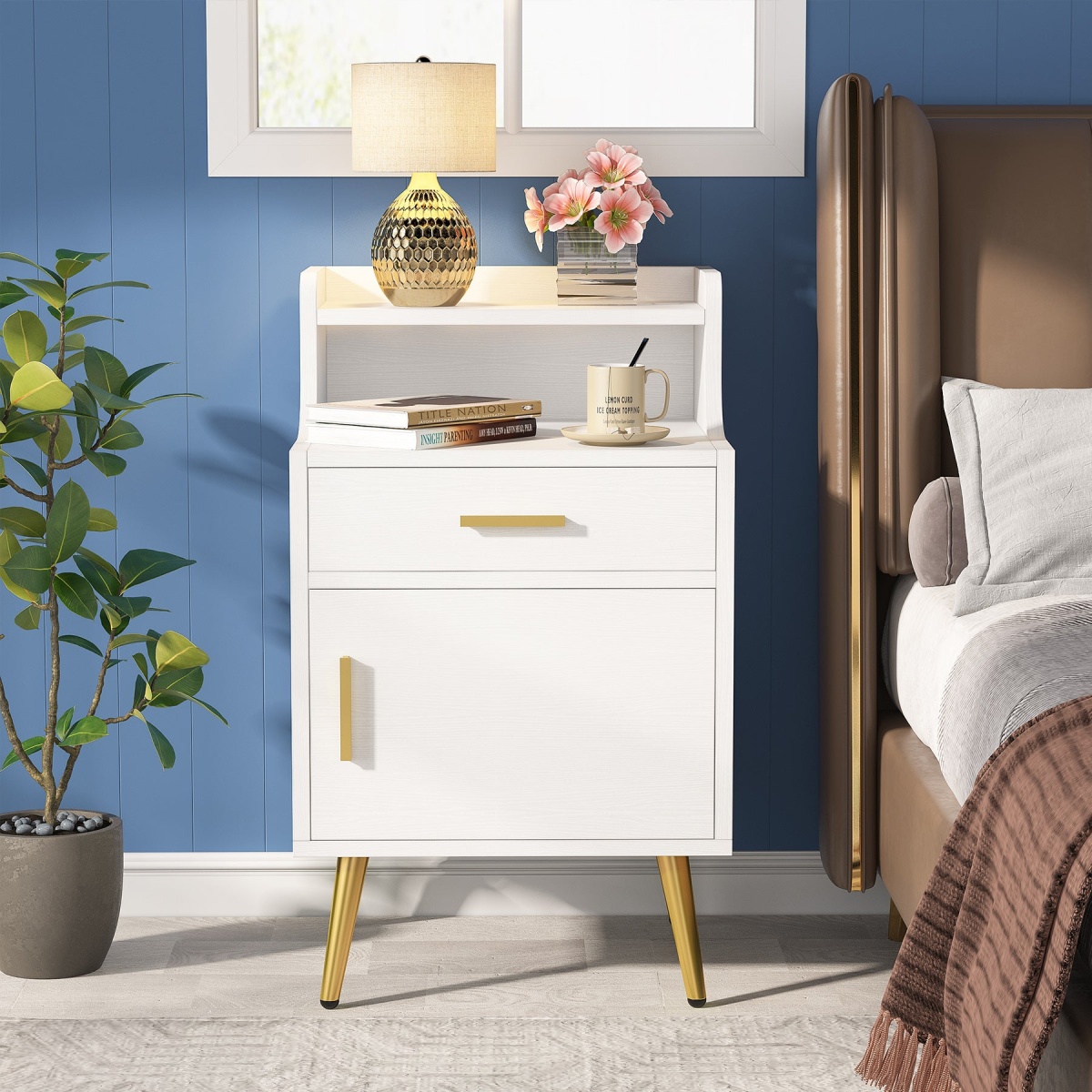 Nightstand, 32? Tall Bedside Table with Drawer & Doors - Image 5