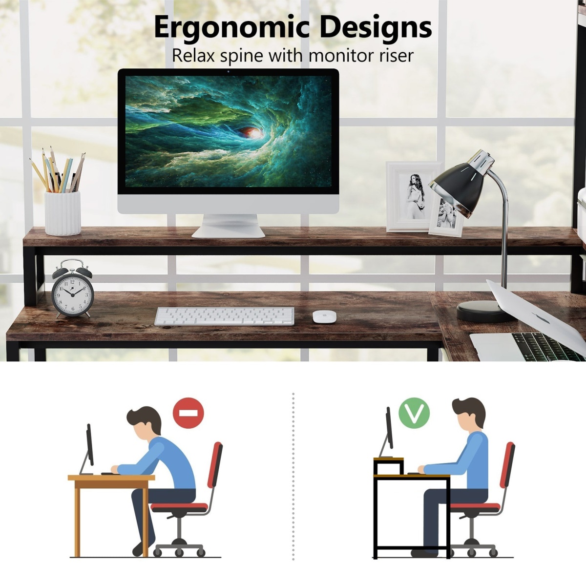 L-Shaped Desk, Corner Computer Desk with Hutch and Monitor Stand - Image 6