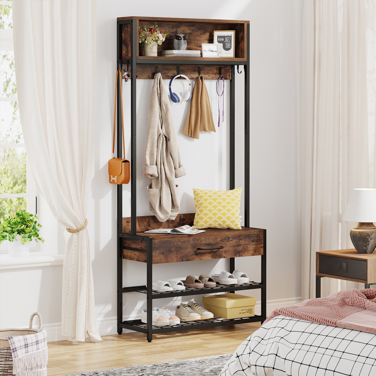 Coat Rack Shoe Bench, Entryway Hall Tree with Drawer & Hooks - Image 4