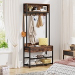 Coat Rack Shoe Bench, Entryway Hall Tree with Drawer & Hooks - Image 4