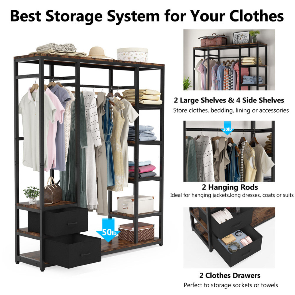 Freestanding Closet Organizer, 59? Garment Rack with 2 Drawers - Image 6