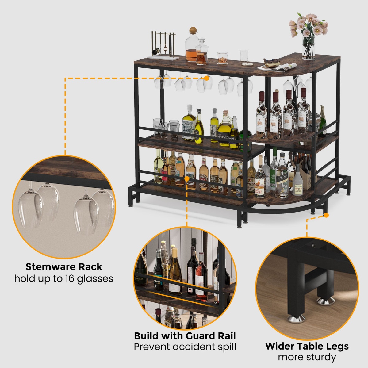 Bar Unit, 3-Tier L-Shaped Liquor Bar Table with Storage - Image 7