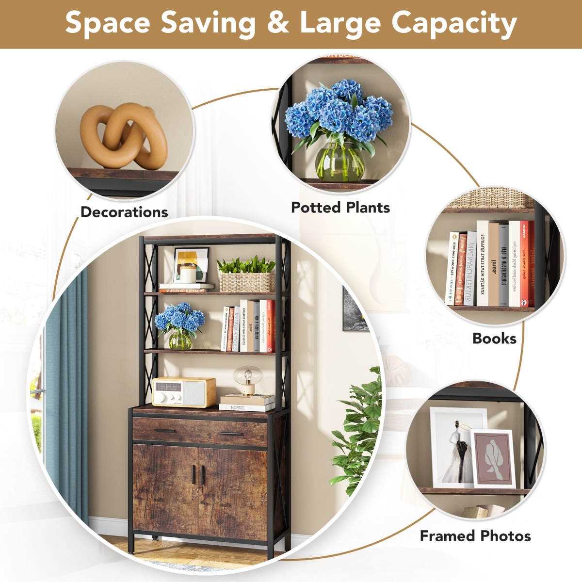 Bookshelf, 4-Tier Etagere Bookcase with Drawer & Cabinet - Image 6