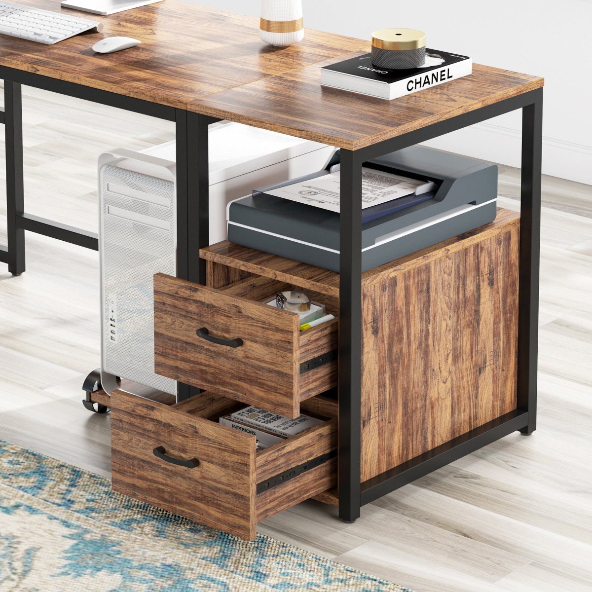L-Shaped Desk, 70? Computer Desk with Bookcase and Cabinet - Image 5