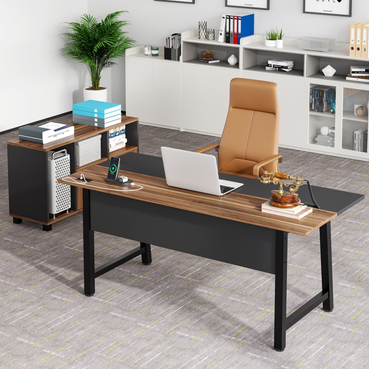L-Shaped Desk, 70.9? Computer Desk with Power Outlet and File Cabinet - Image 5