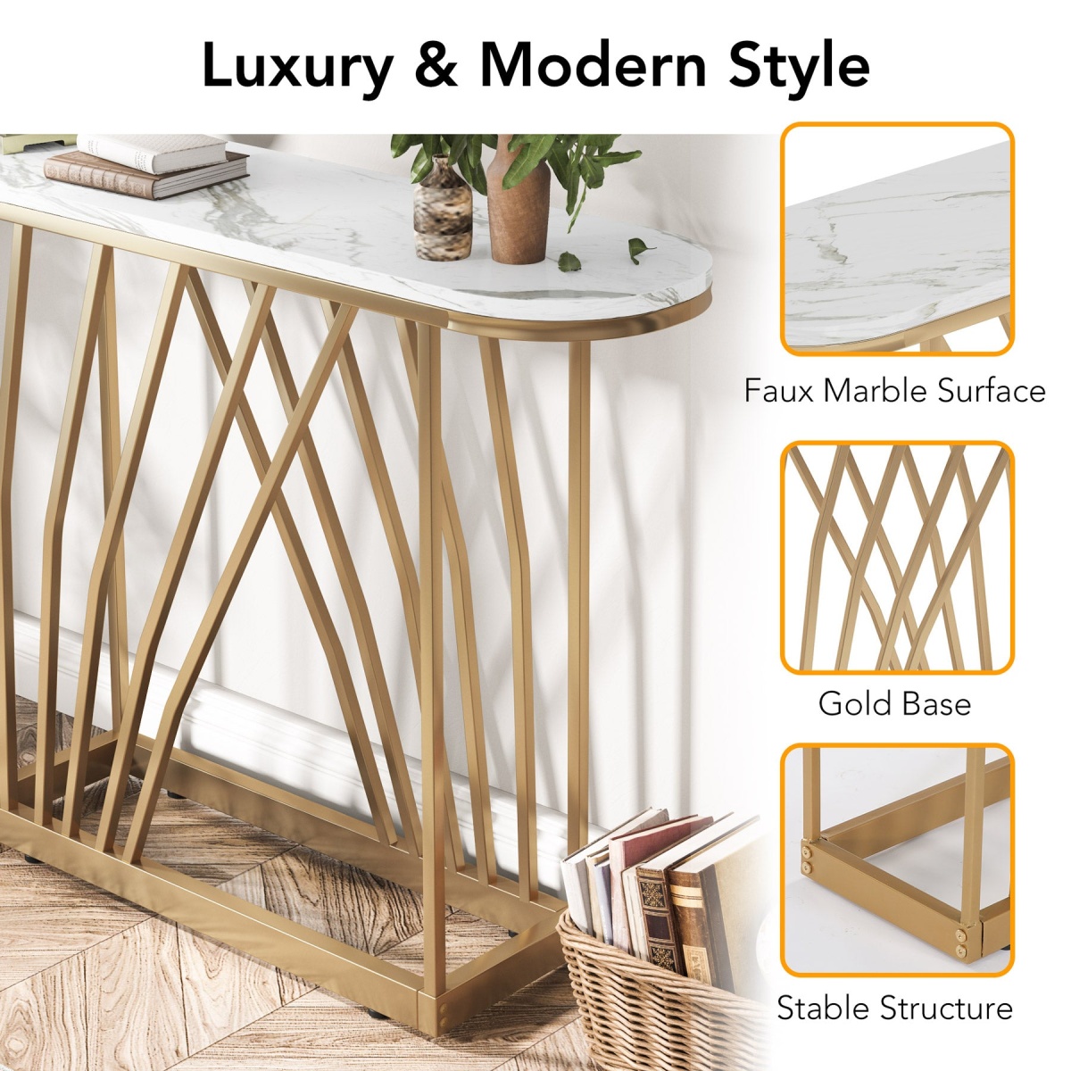 Console Table, 43? Modern Sofa Couch Table with Faux Marble - Image 8