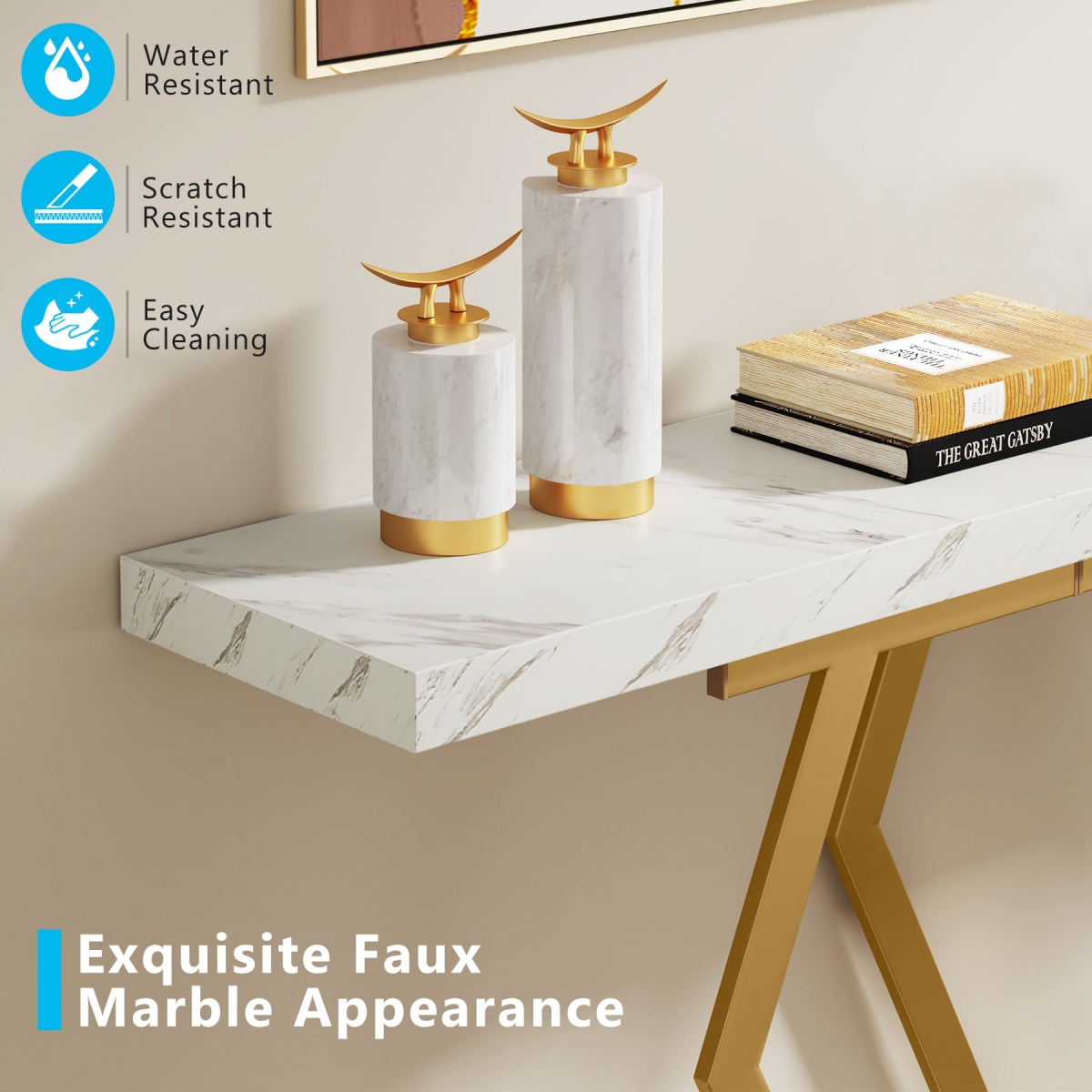 Console Table, Modern 70.9? Sofa Table with Faux Marble Tabletop - Image 6