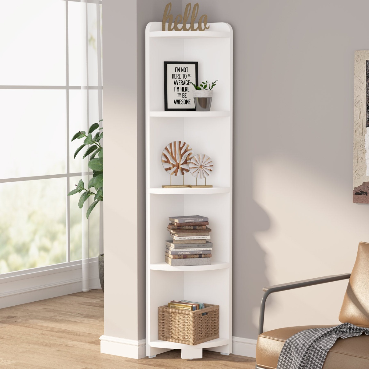 Corner Shelf, 5 Tier Wood Wall Corner Bookshelf Storage Rack - Image 5