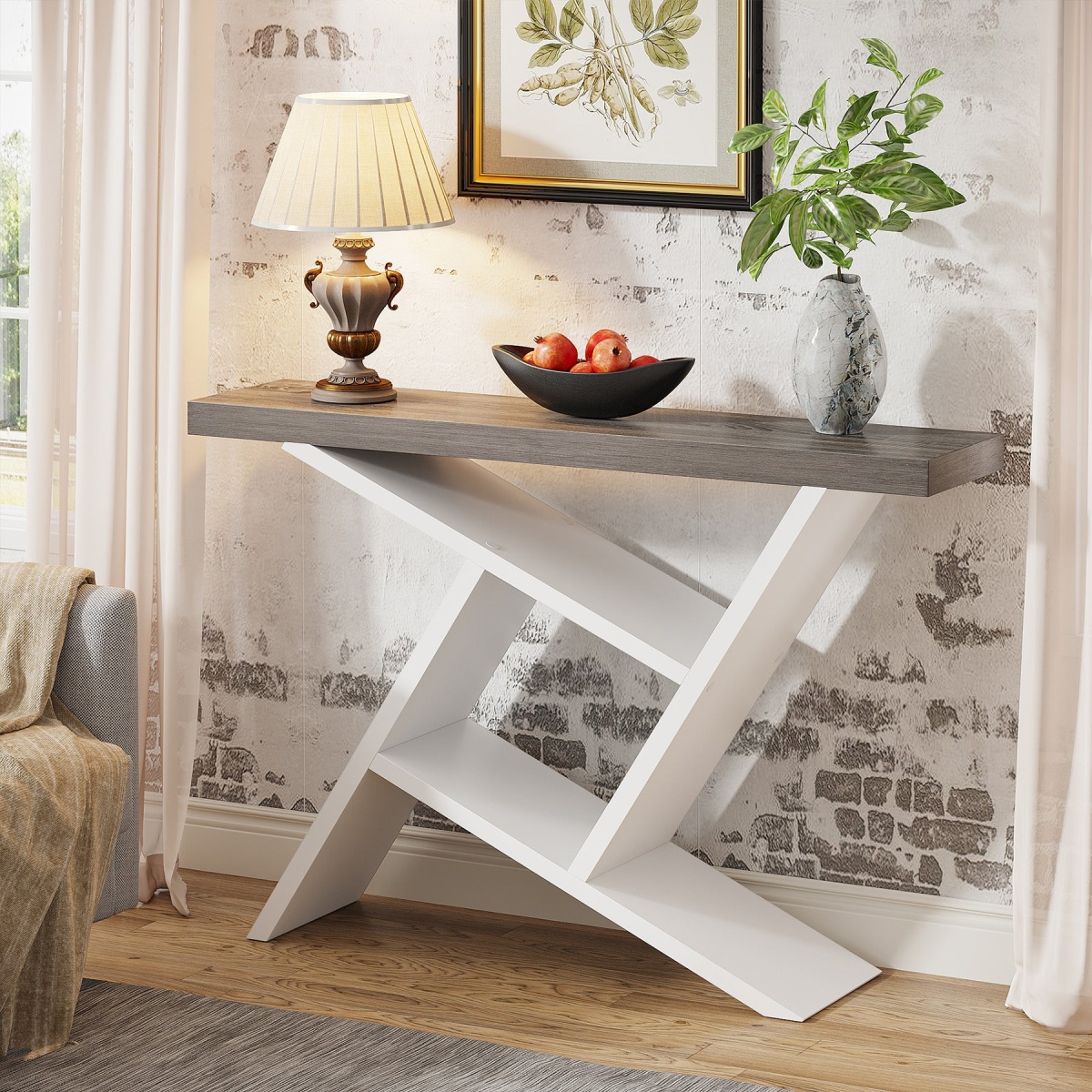 Console Table, 42? Farmhouse Entryway Table with Geometric Wood Base - Image 4