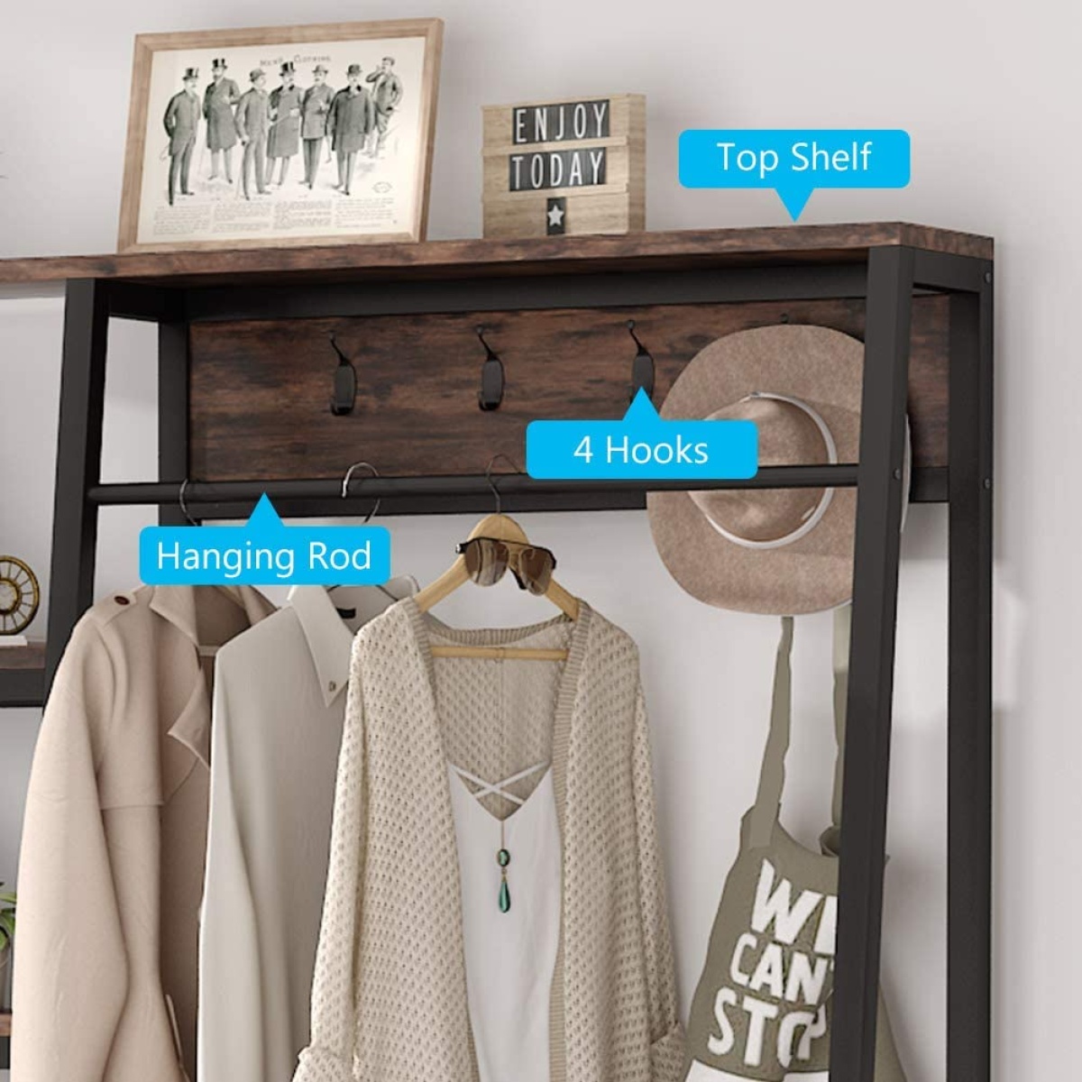 Freestanding Closet Organizer, Hall Trees with Shoes Bench - Image 7