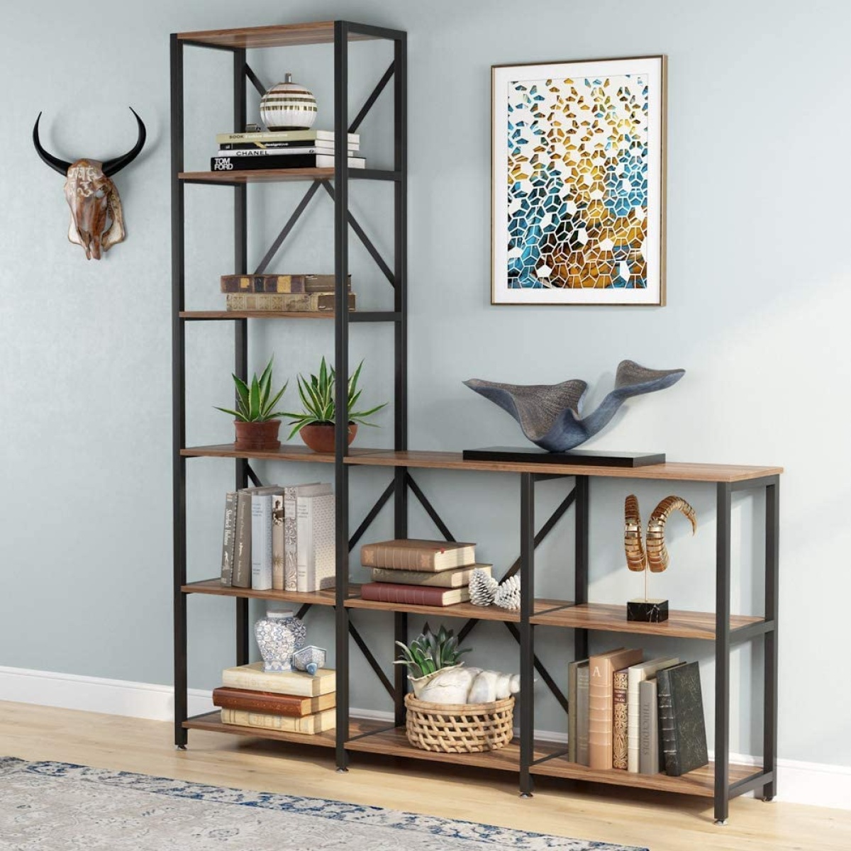 9 Shelves Bookshelves, Industrial Ladder Corner Etagere Bookcase - Image 4