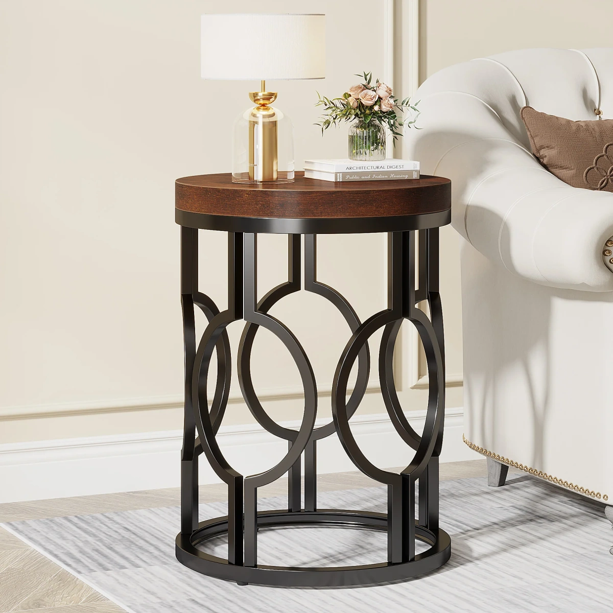 Round End Table, Industrial Side Table with Metal Hollow Frame - Image 1
