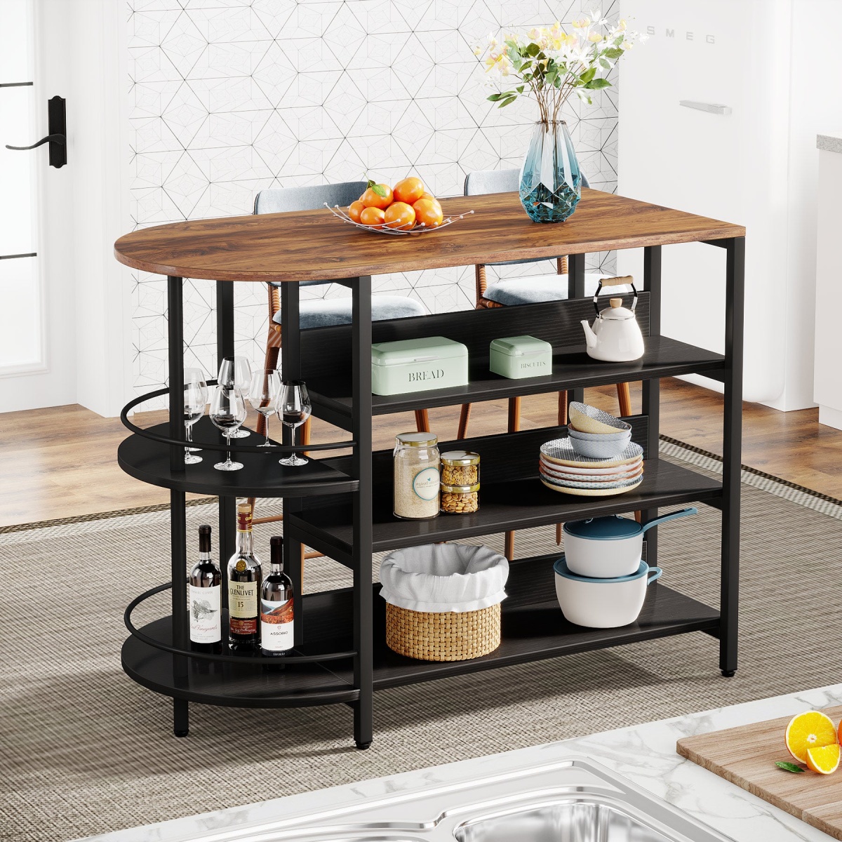 43? Kitchen Island Table with 2 Side Spice Rack & 3 Open Storage Shelves - Image 2