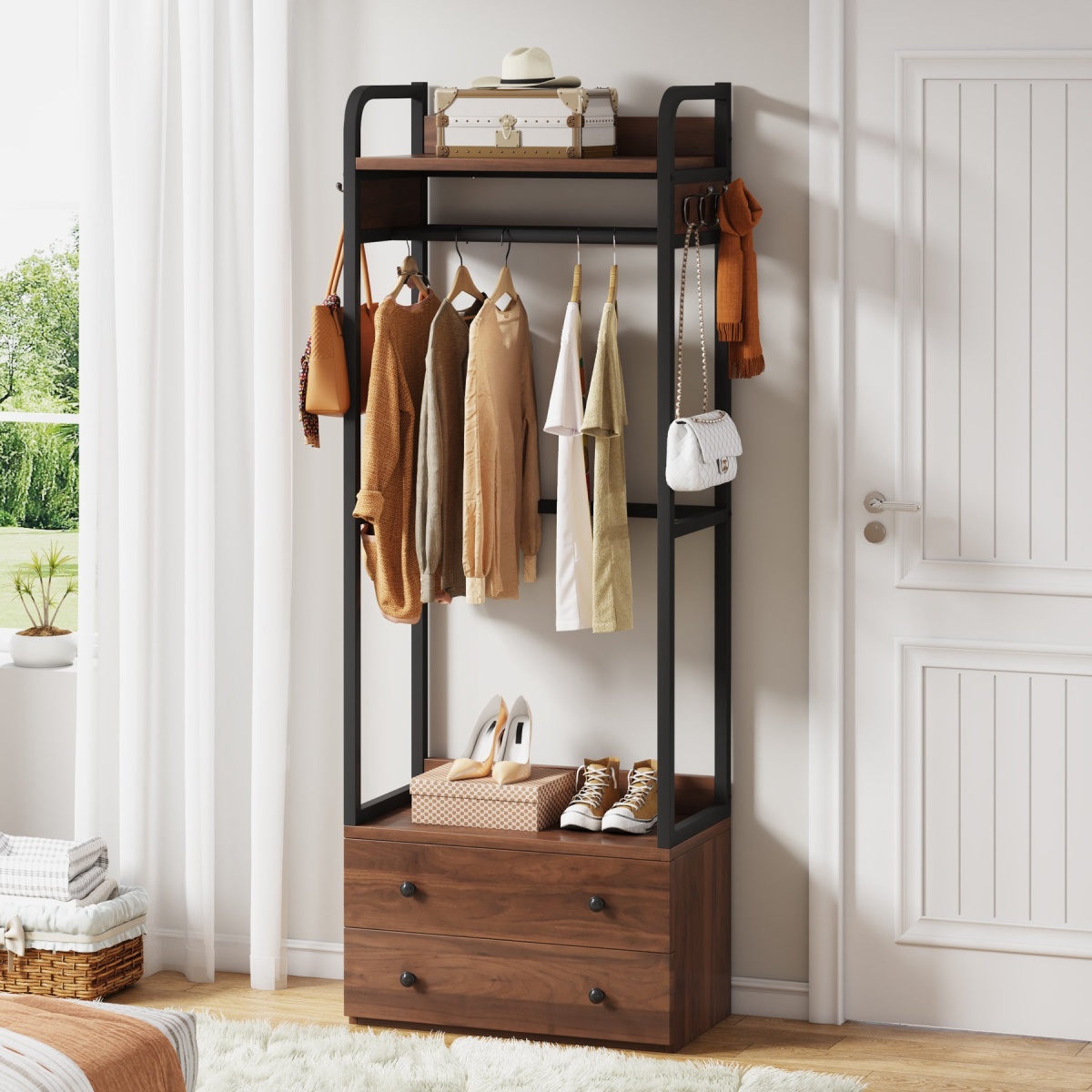 Freestanding Closet Organizer, Coat Rack with Drawers and Shelves - Image 4