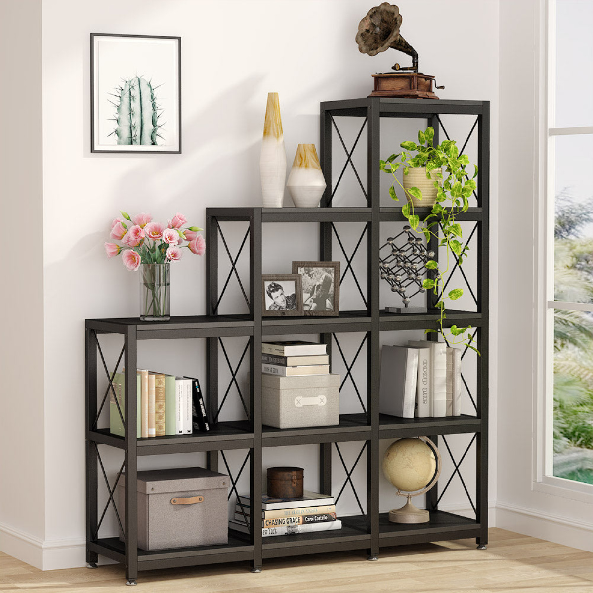 Bookshelf, 12 Shelves Industrial Ladder Etagere Bookcase - Image 4
