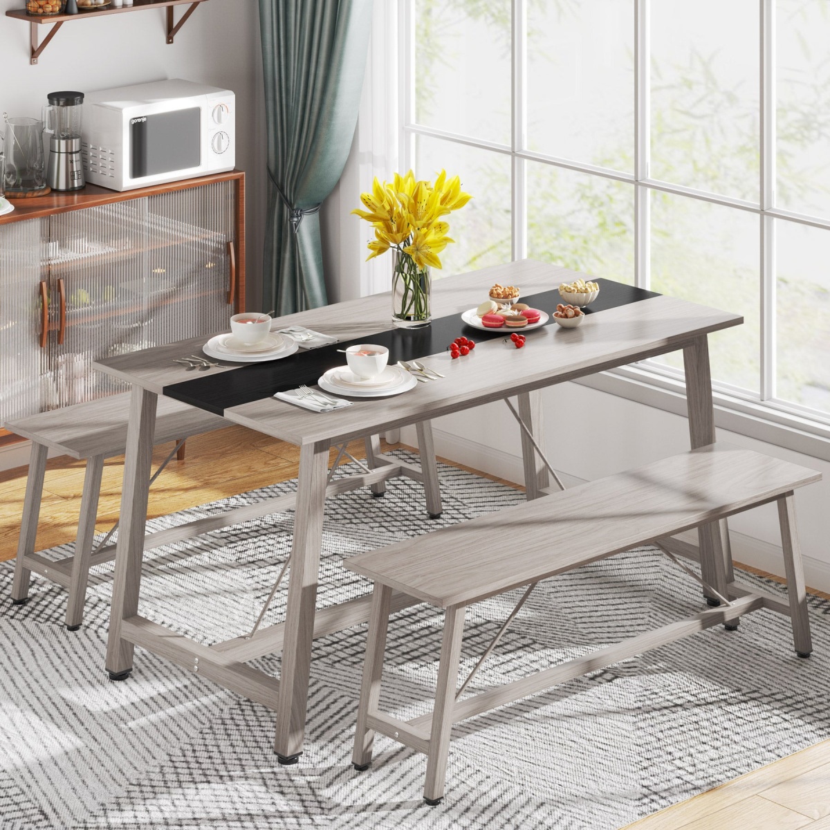 Dining Table Set, 55? Kitchen Table Set with 2 Benches - Image 2