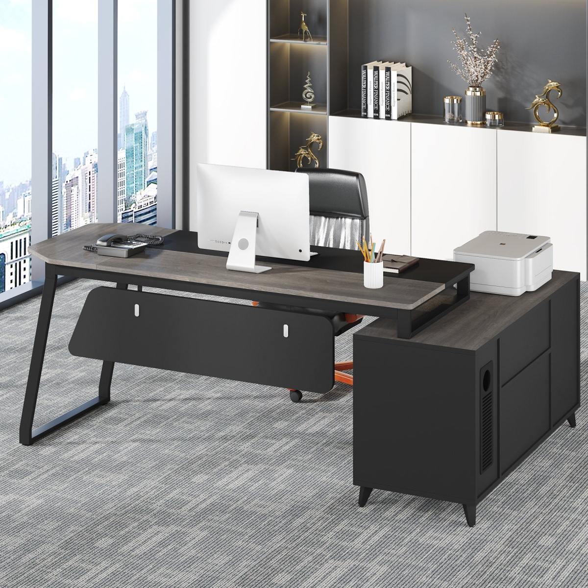 L-Shaped Desk, 70.8 Inch Executive Desk with 47.2 Inch File Cabinet - Image 4