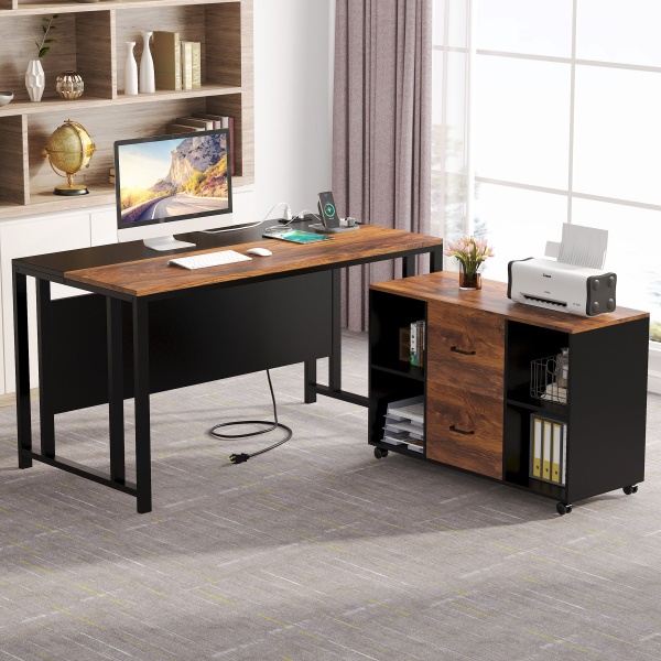 L-Shaped Desk, 55? Office Desk with 40? Mobile File Cabinet
