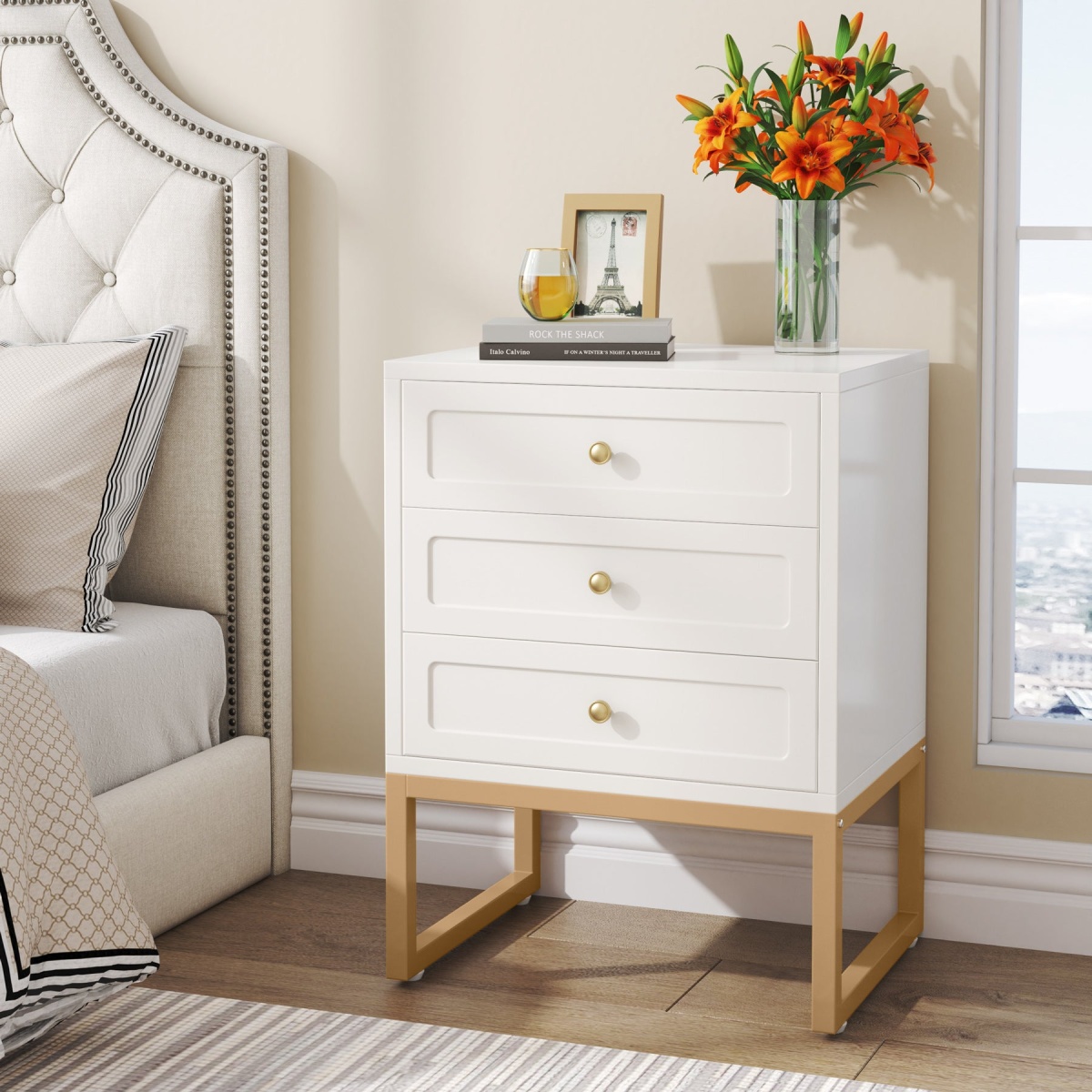 Nightstand, Modern Bedside End Table with 3 Drawers - Image 1