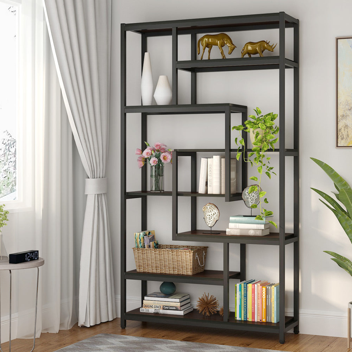 8-Shelves Staggered Bookshelf, Industrial Etagere Bookcase - Image 5