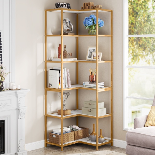 Corner Bookshelf, 70.5? L-Shaped 6-Shelf Etagere Bookcase