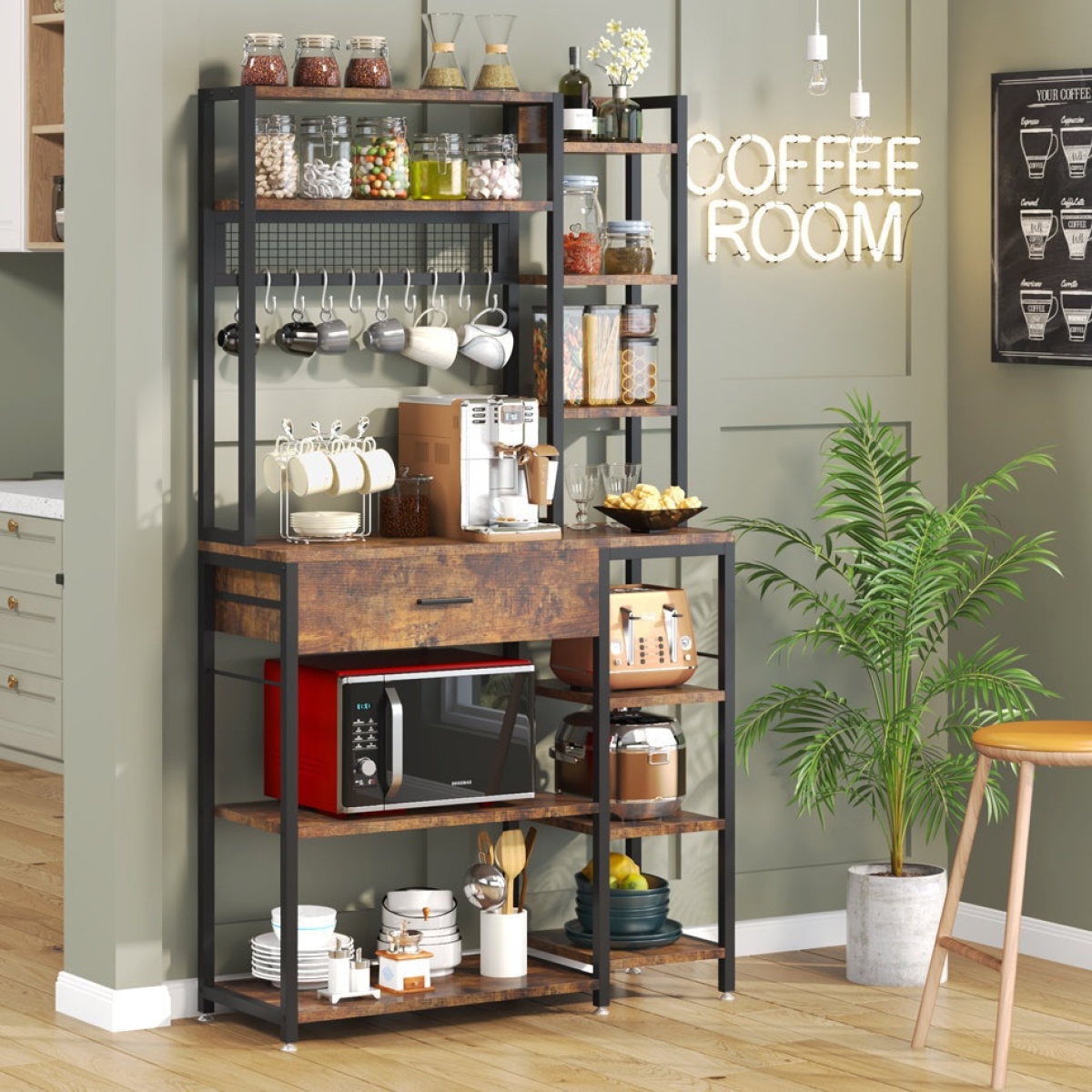Kitchen Baker?s Rack, 70.9? Kitchen Storage Shelf with Drawer & Hutch - Image 2