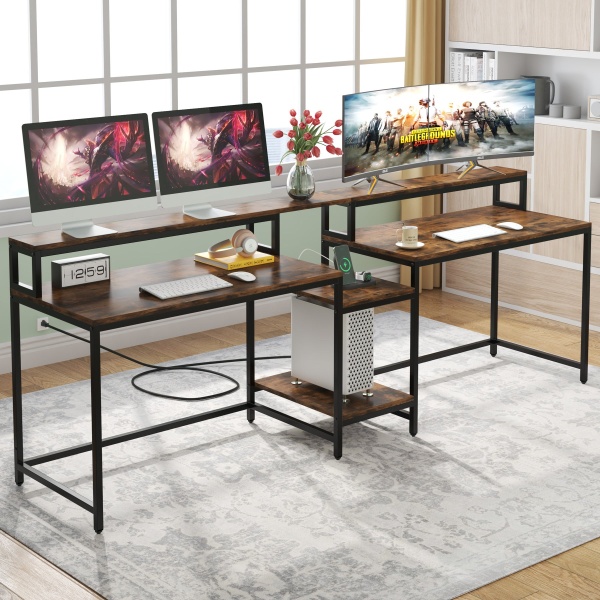 Two Person Desk, 93? Double Computer Desk With USB Ports & Power Outlet