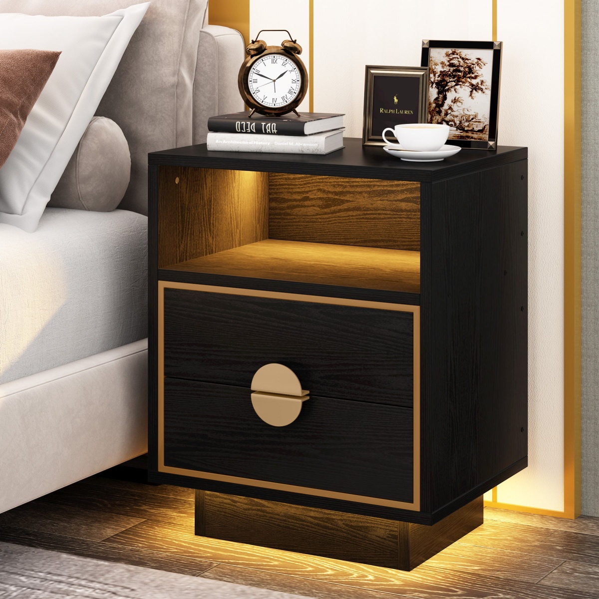 LED Nightstand, 2 Drawers Bedside End Table with Led Lights - Image 1