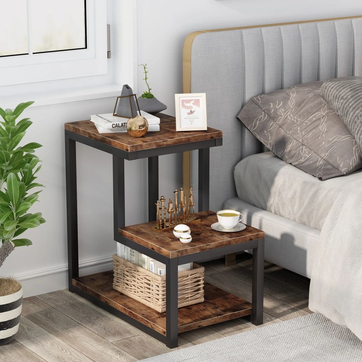 End Table with Storage Shelf, 3-Tier Industrial Ladder-Shaped Nightstand - Image 6