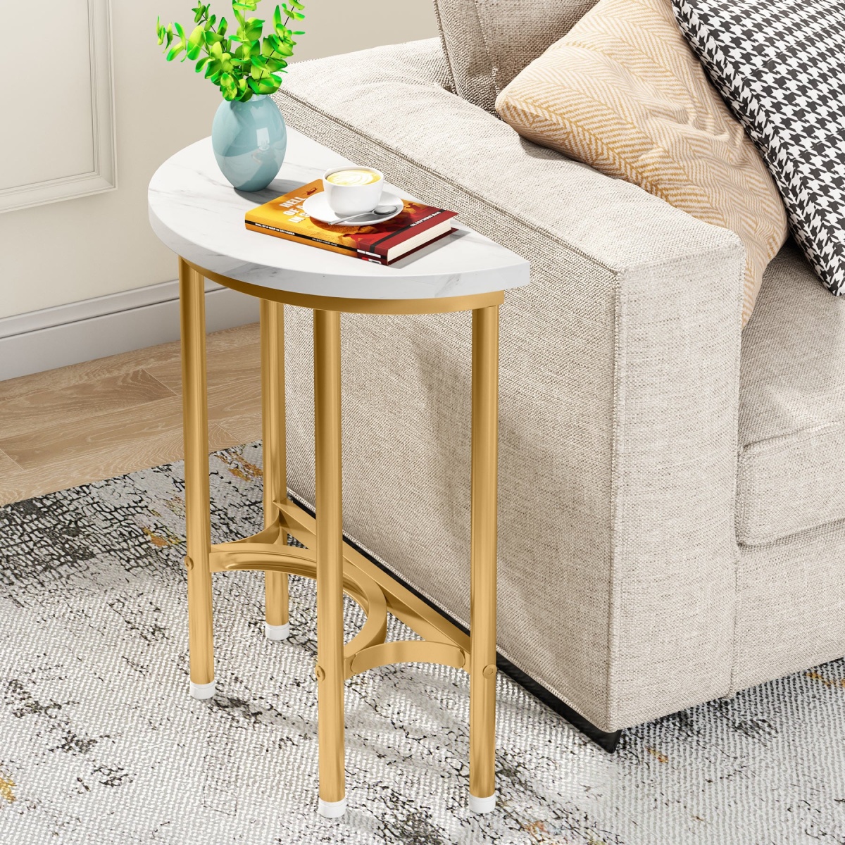 End Table, 20? Half Round Faux Marble Side Table - Image 1