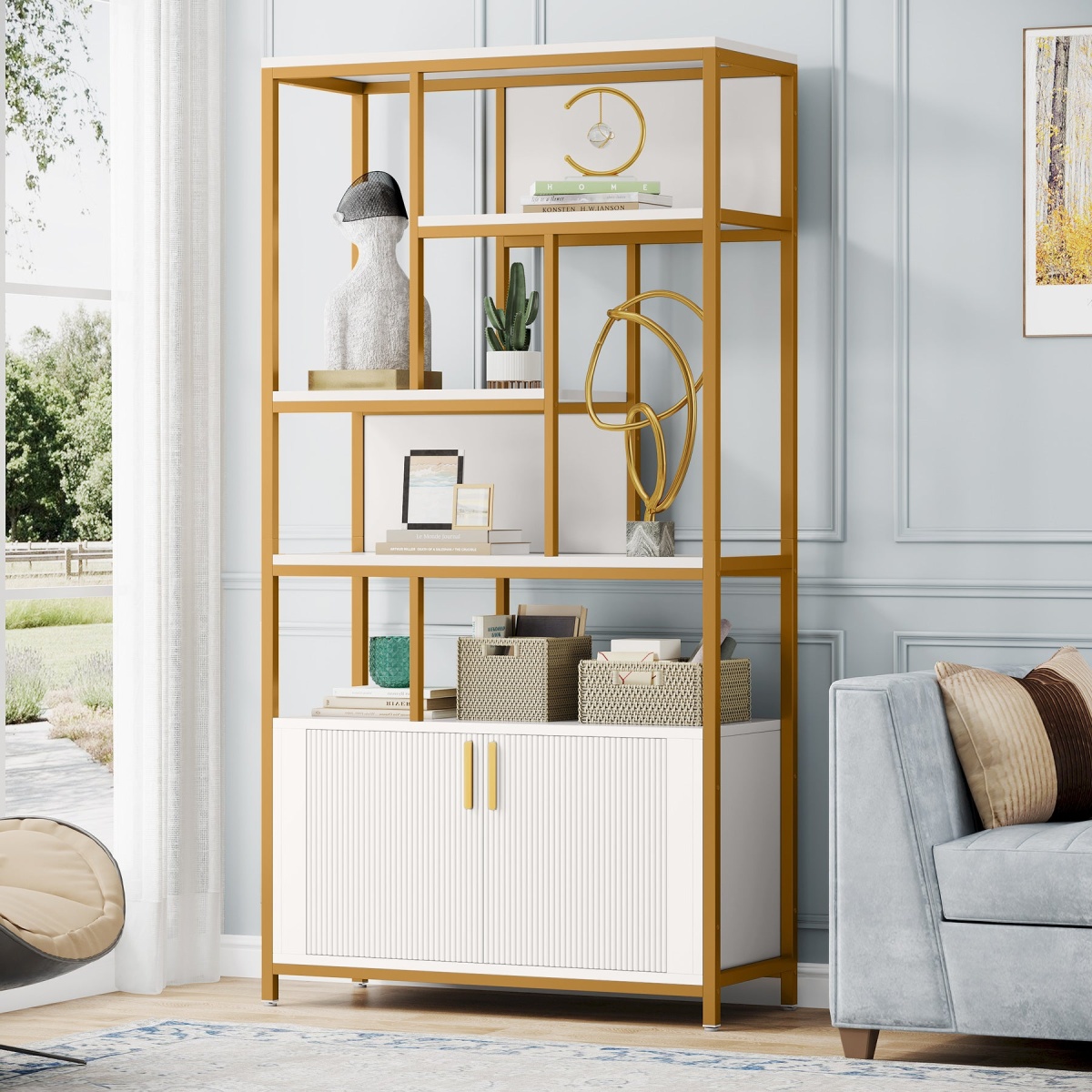 Bookshelf, 70.86? Etagere Bookcase with Storage Cabinet & Open Shelves - Image 2