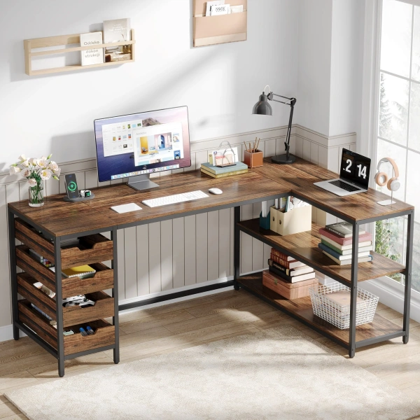 64.5? L-Shaped Desk, Reversible Computer Desk with 4 Drawers & 3 Shelves
